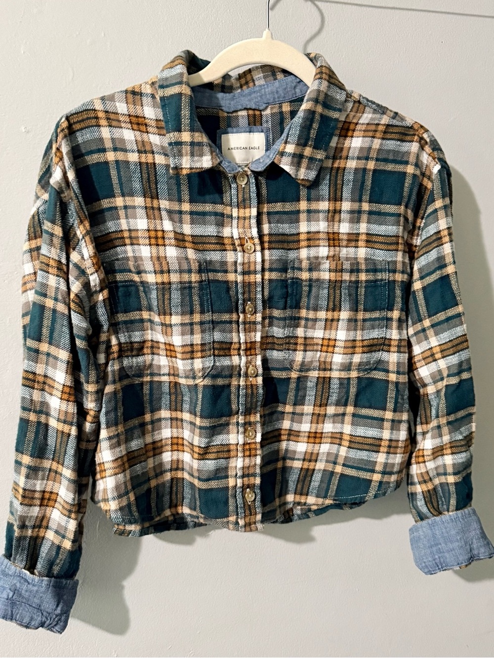 American Eagle Teal, Brown & White Plaid Button-Down Shirt w/denim roll up cuffs - Picture 3 of 8